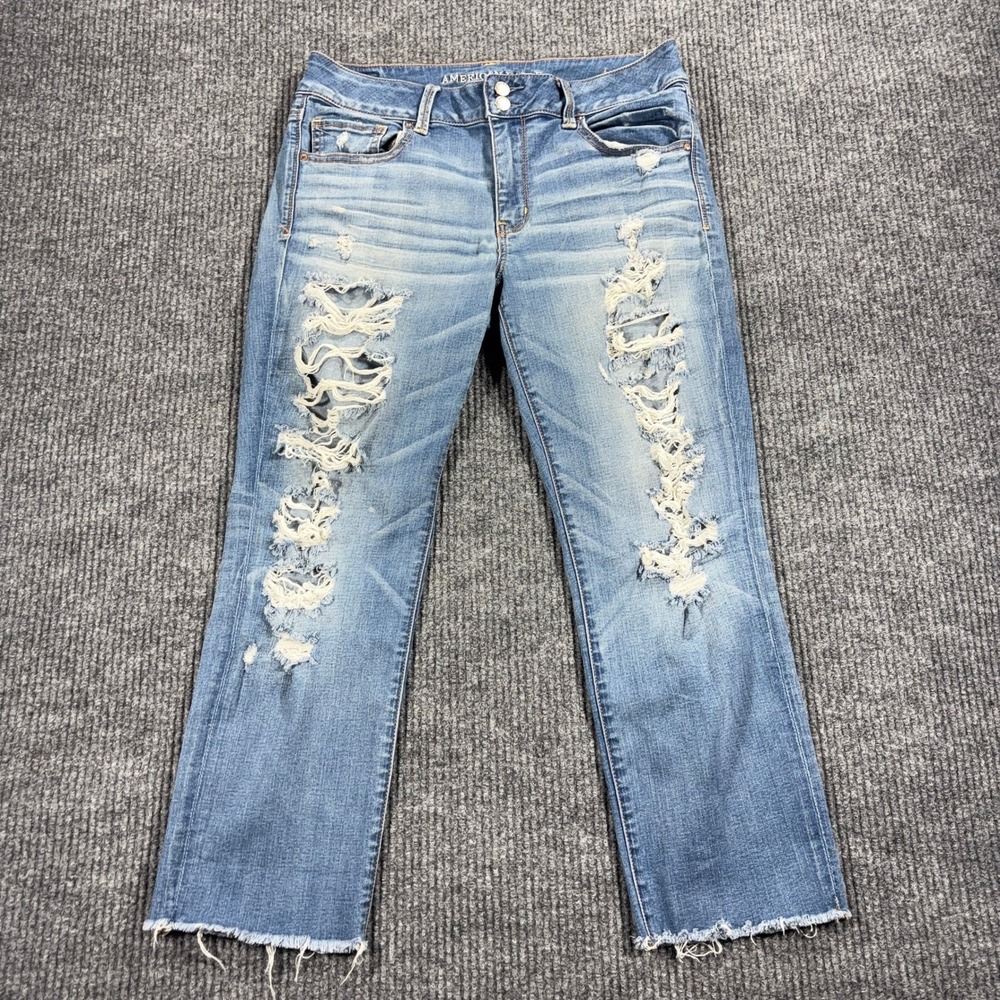 American Eagle Artist Crop Jeans Women 14 Blue Distressed Super Super Stretch - Picture 2 of 14